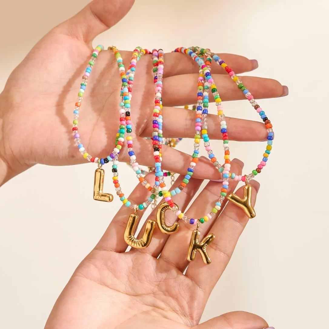 Colorful Beads Chain Personalized Bubble Letter Initial Necklace