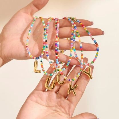 Colorful Beads Chain Personalized Bubble Letter Initial Necklace