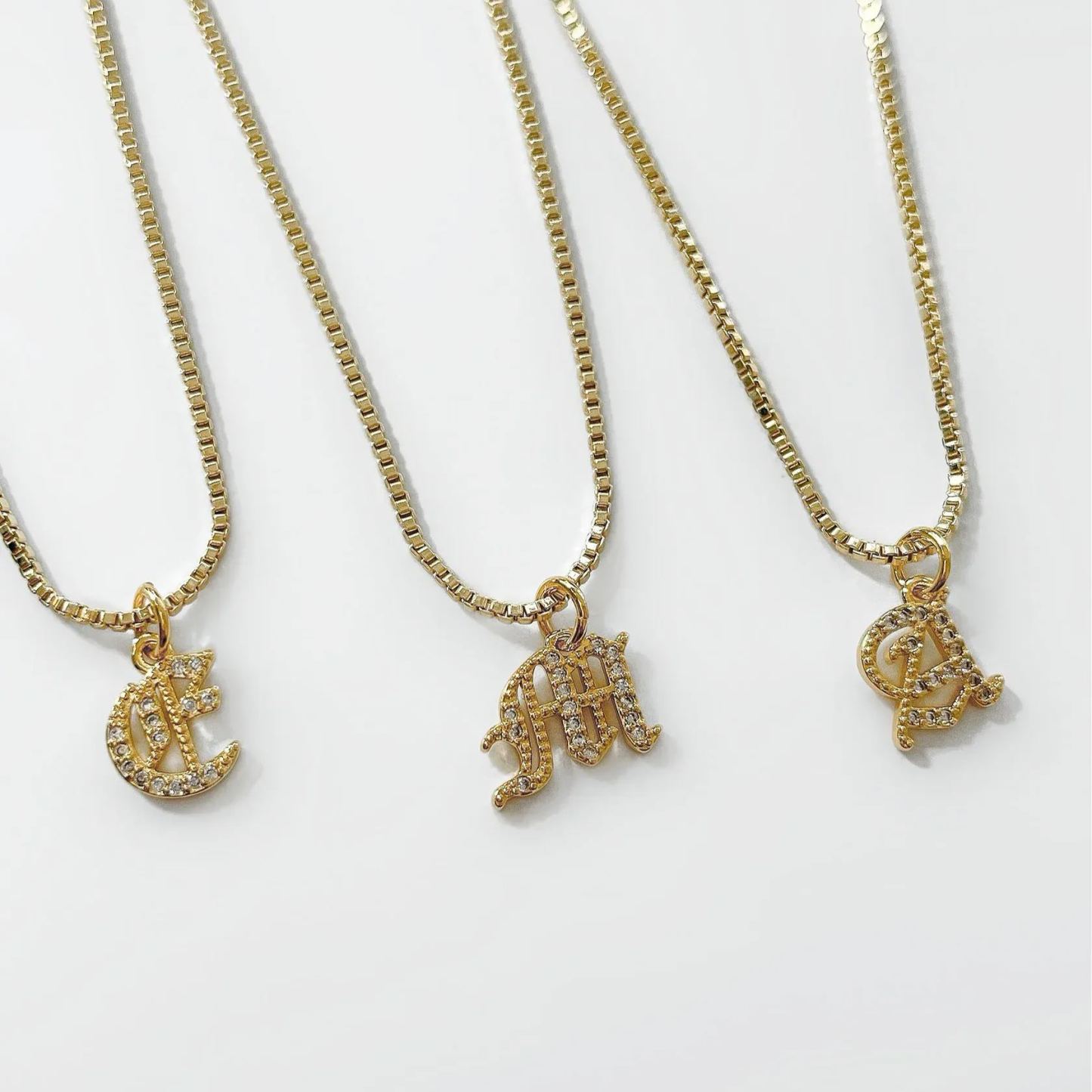 Box Chain Personalized Custom Old English Font Initial Necklace with Zircon