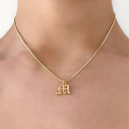 Box Chain Personalized Custom Old English Font Initial Necklace with Zircon