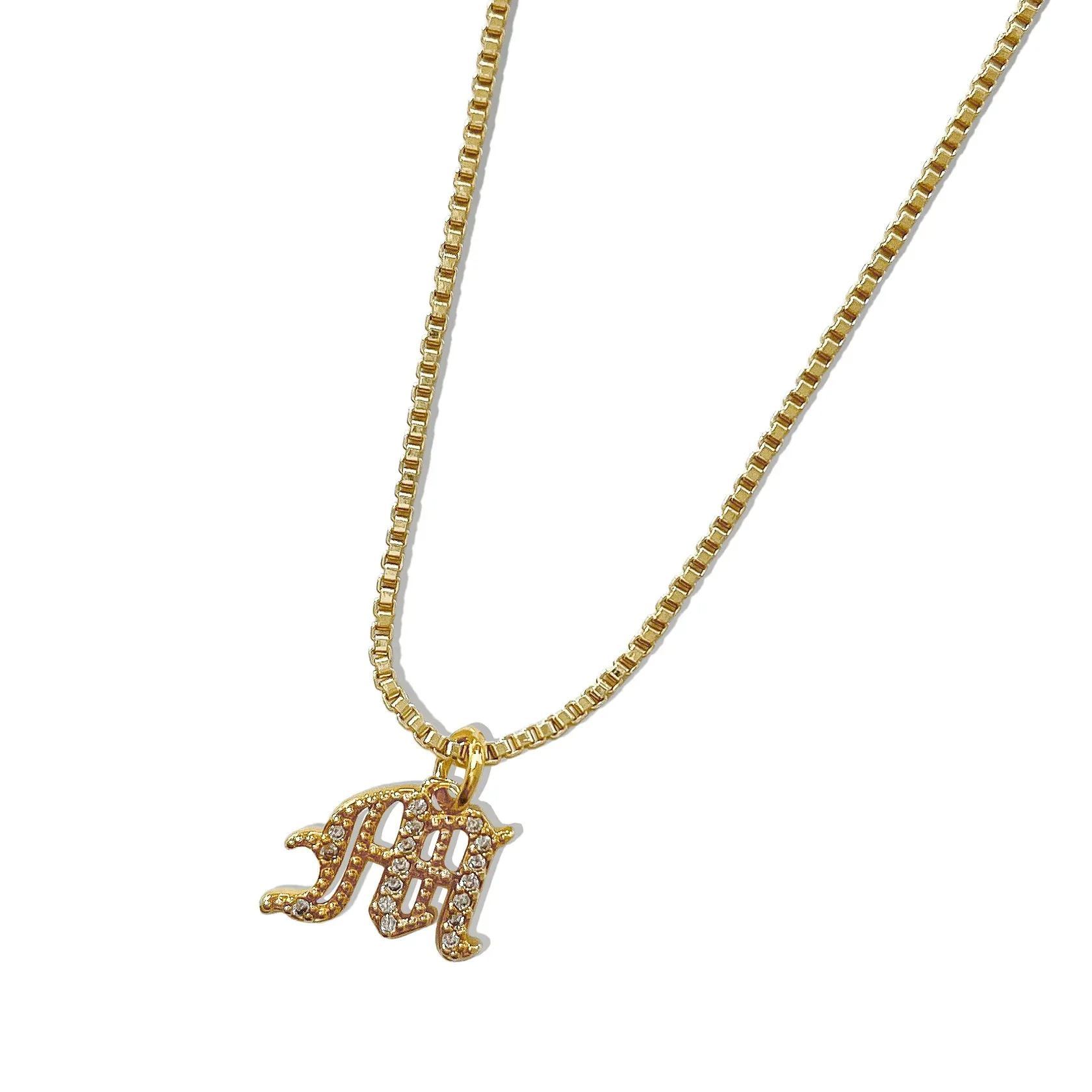 Box Chain Personalized Custom Old English Font Initial Necklace with Zircon