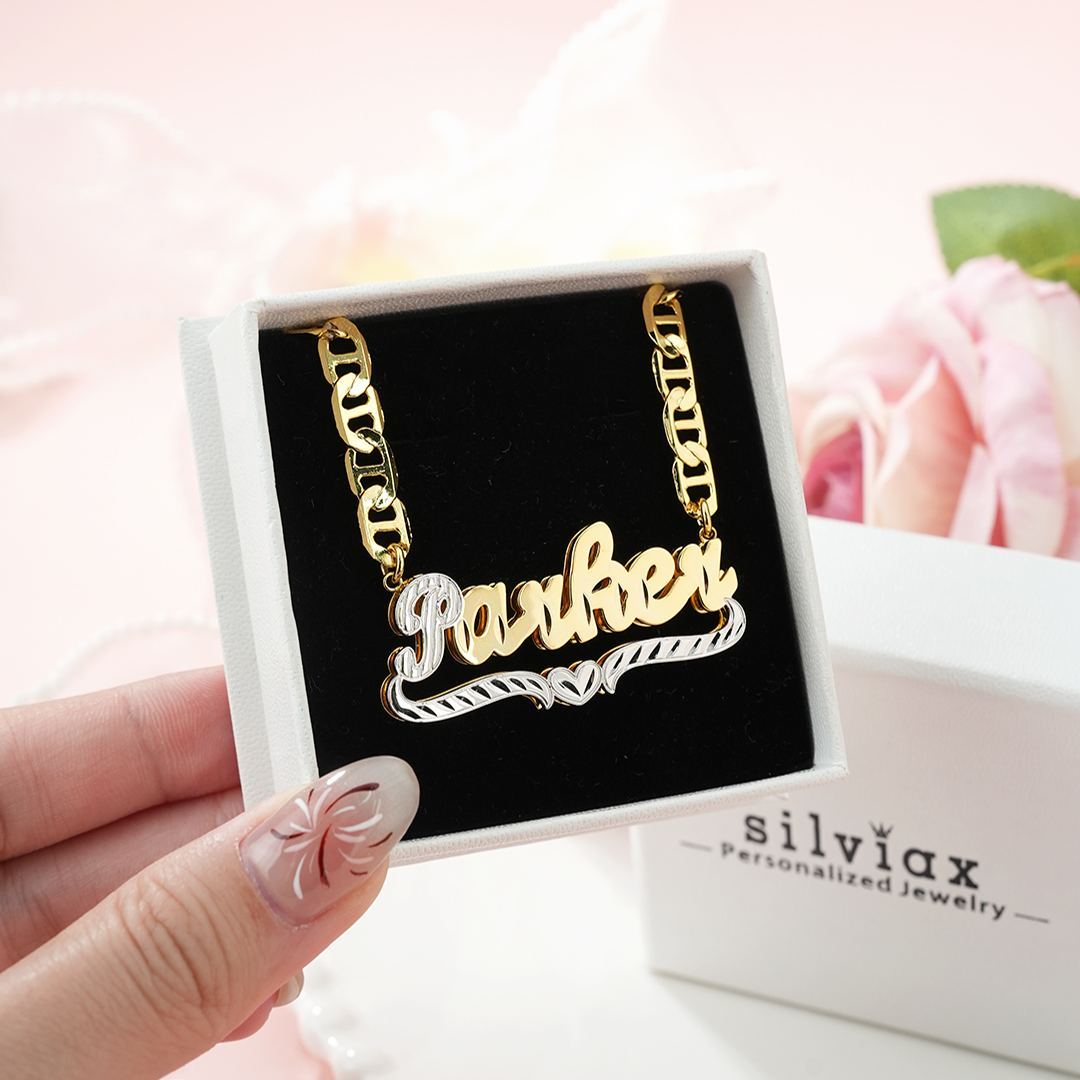 3Pcs Two Tone Heart Nameplate Necklace Bracelet and Heart Hoop Earrings Set