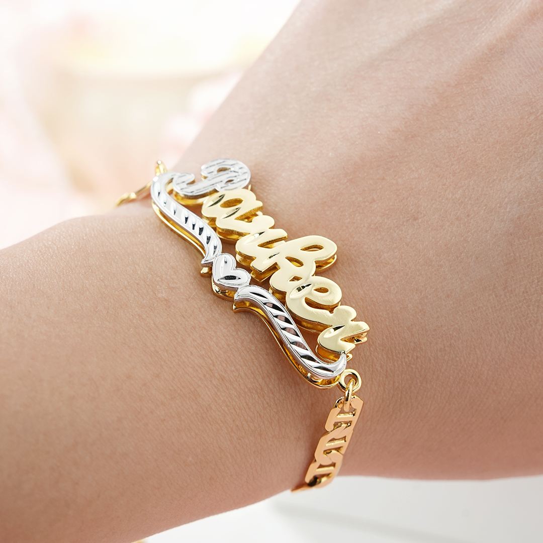 3Pcs Two Tone Heart Nameplate Necklace Bracelet and Heart Hoop Earrings Set