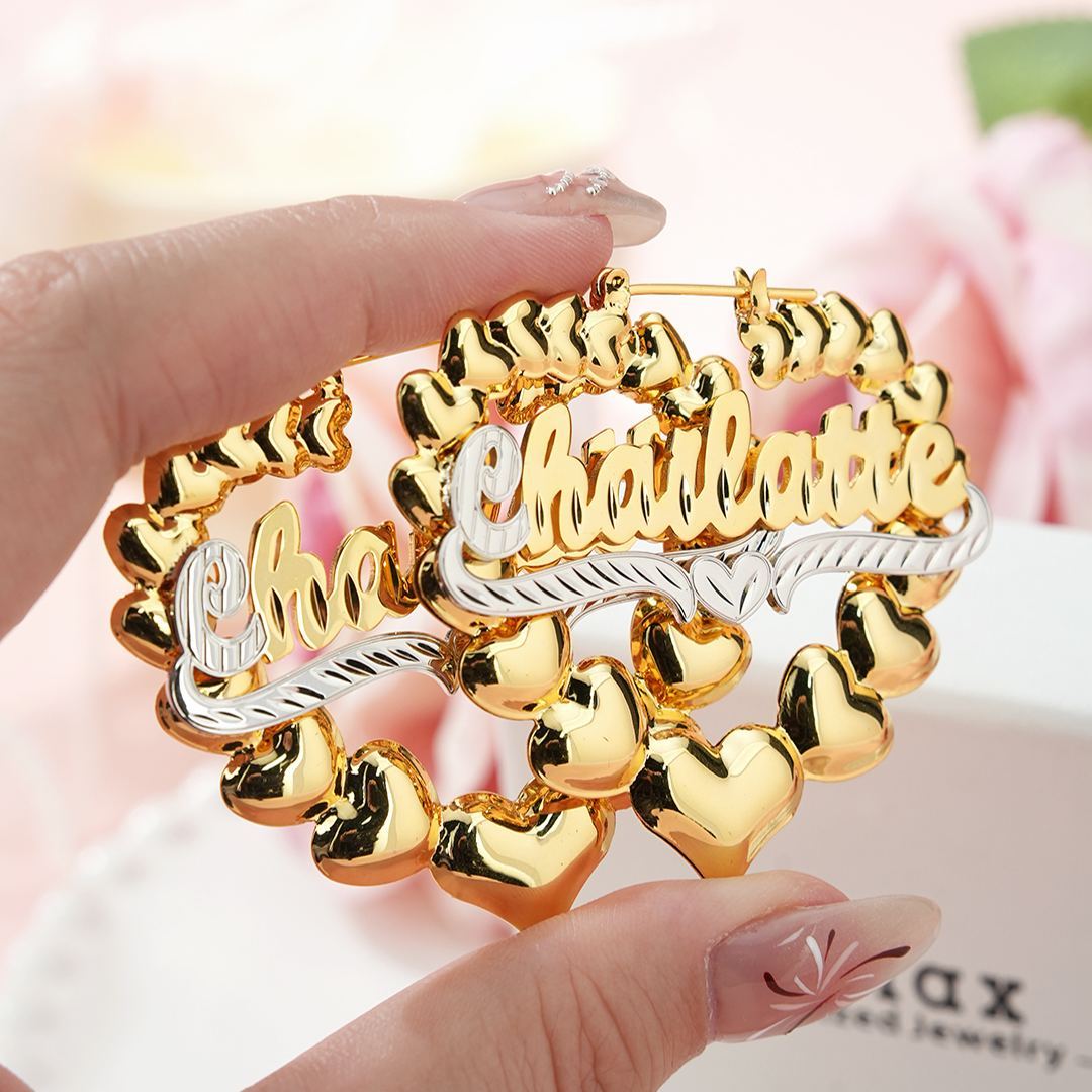 3Pcs Two Tone Heart Nameplate Necklace Bracelet and Heart Hoop Earrings Set