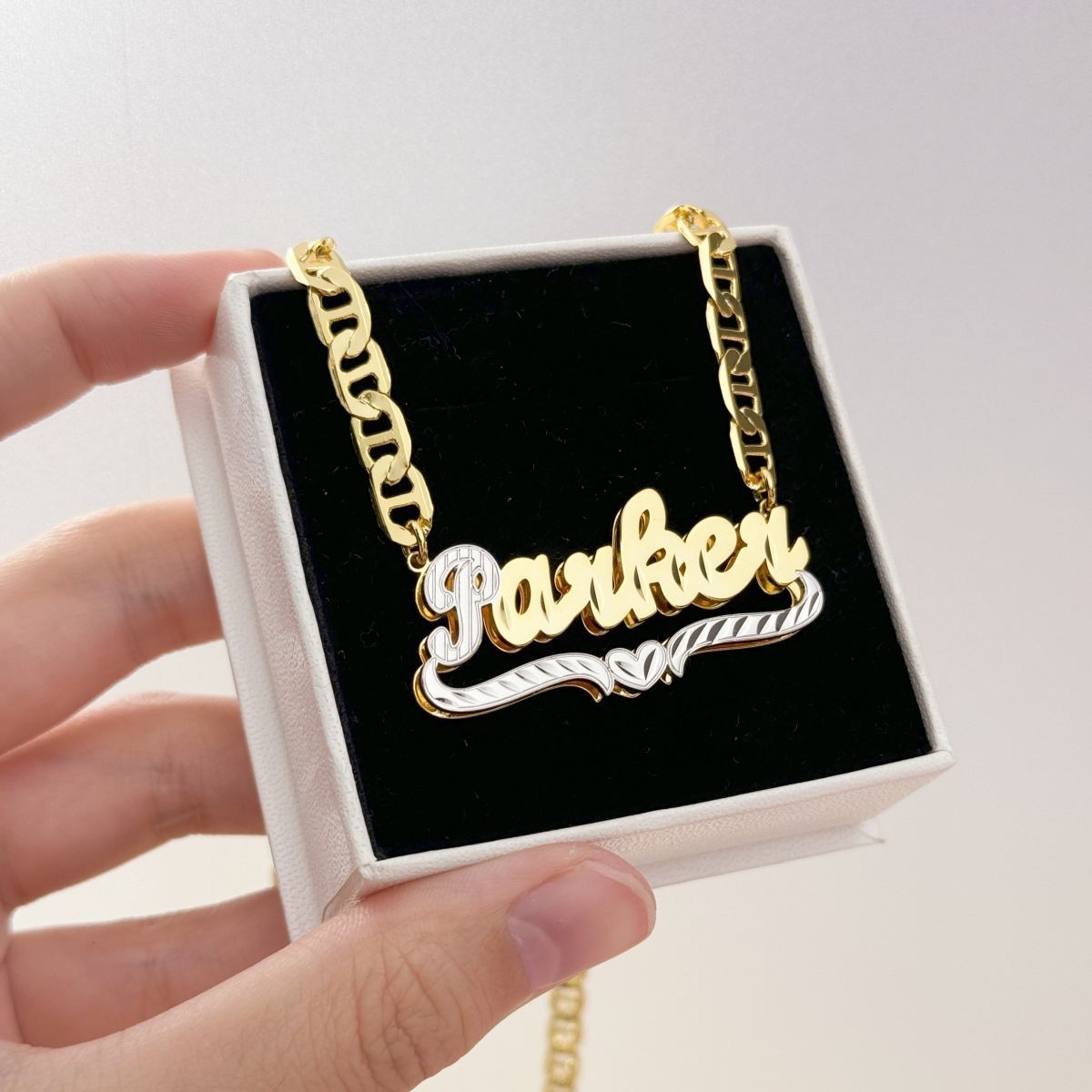 3Pcs Two Tone Heart Nameplate Necklace Bracelet and Heart Hoop Earrings Set