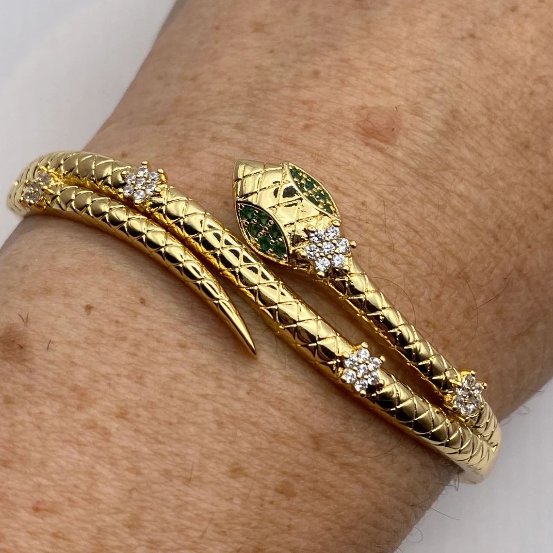 Vintage Snake Bangle Bracelet Green Crystal Eyes
