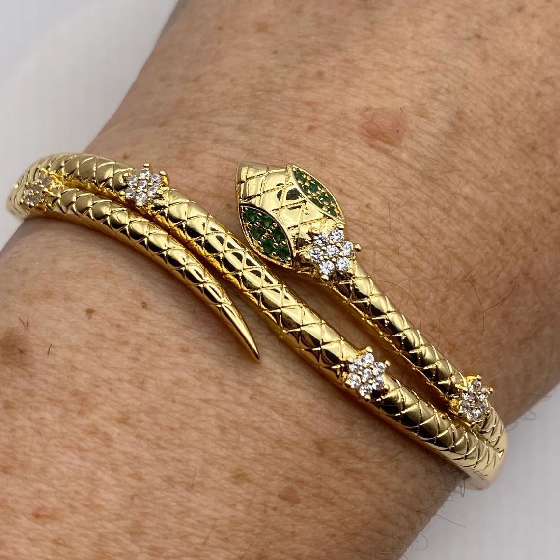 Vintage Snake Bangle Bracelet Green Crystal Eyes