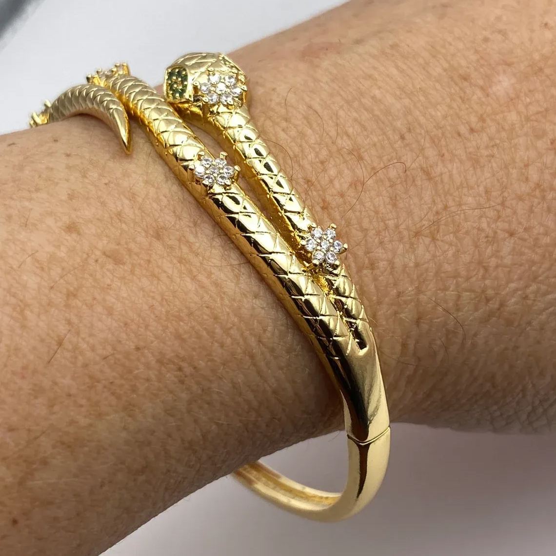 Vintage Snake Bangle Bracelet Green Crystal Eyes