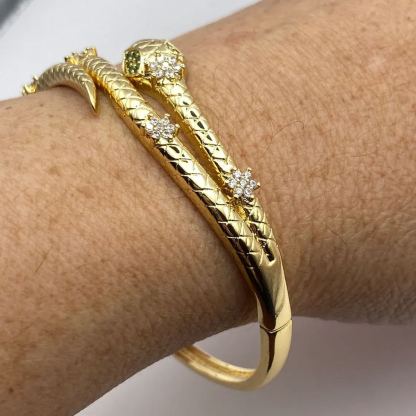 Vintage Snake Bangle Bracelet Green Crystal Eyes