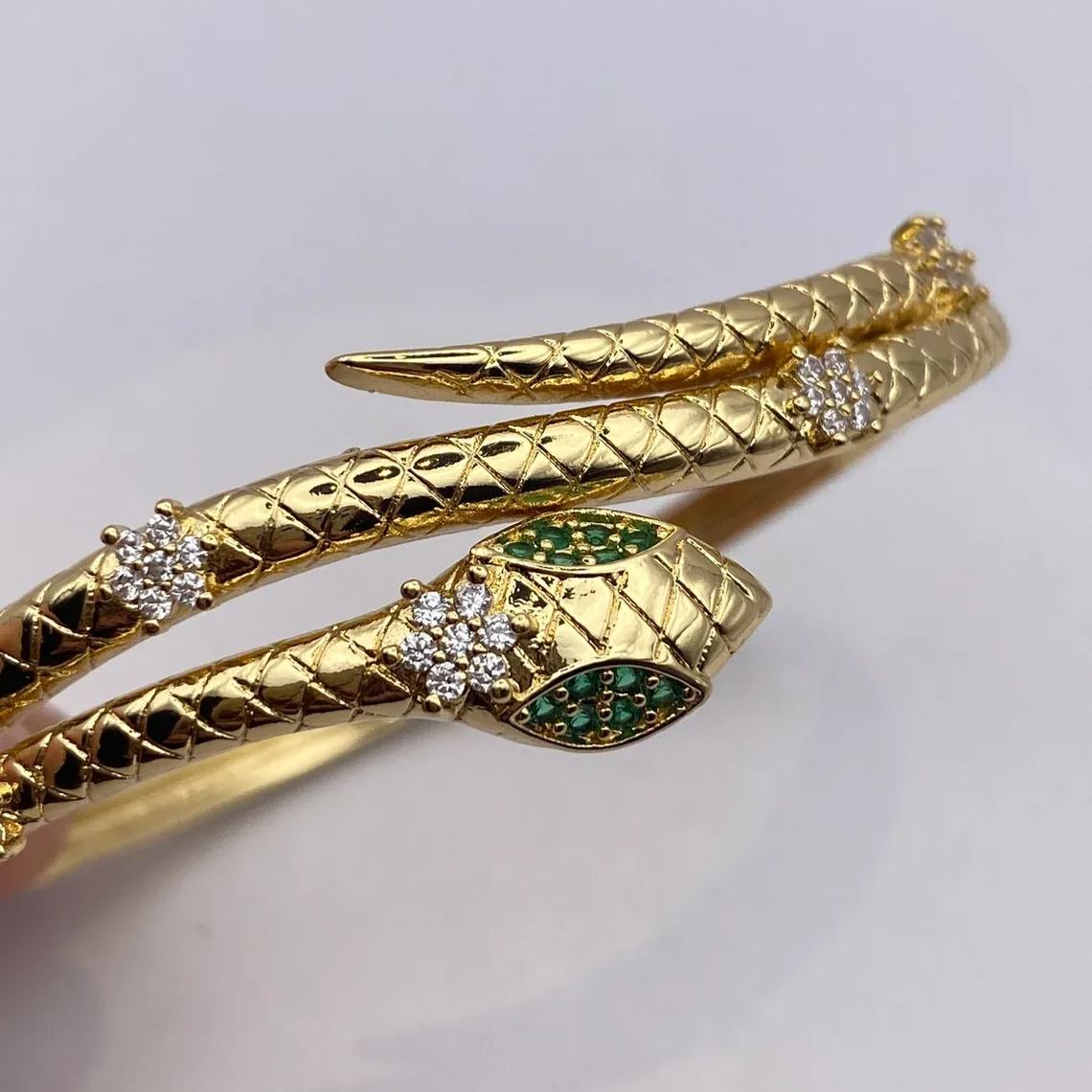 Vintage Snake Bangle Bracelet Green Crystal Eyes