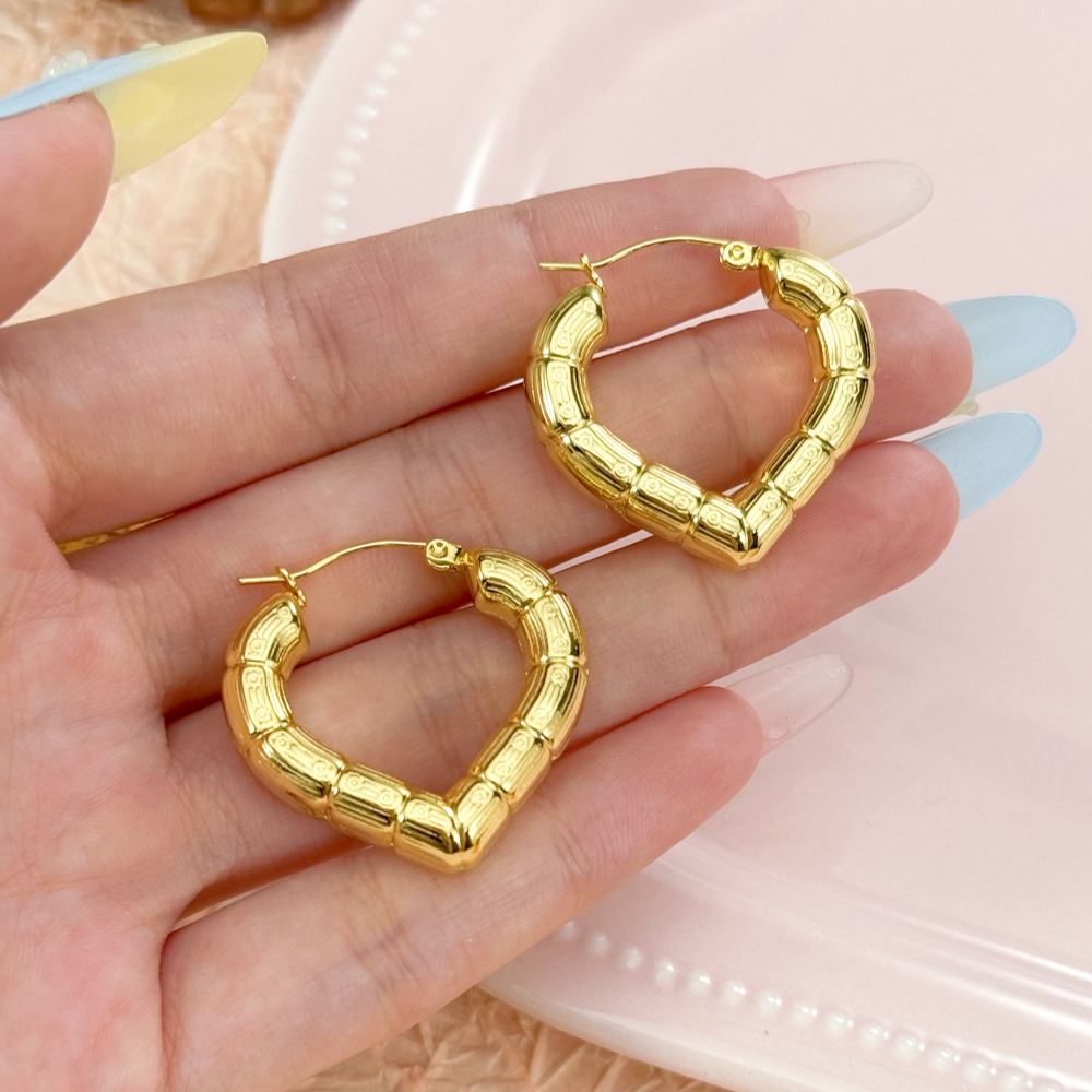 Gold Bamboo Heart Hoop Earrings