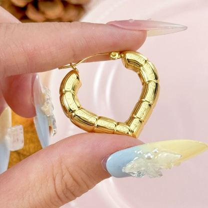 Gold Bamboo Heart Hoop Earrings