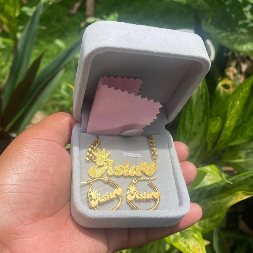 Bling Crown Heart Set Personalized Name Necklace And Hoop Earrings 2pcs Set