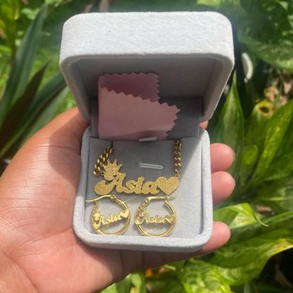 Bling Crown Heart Set Personalized Name Necklace And Hoop Earrings 2pcs Set
