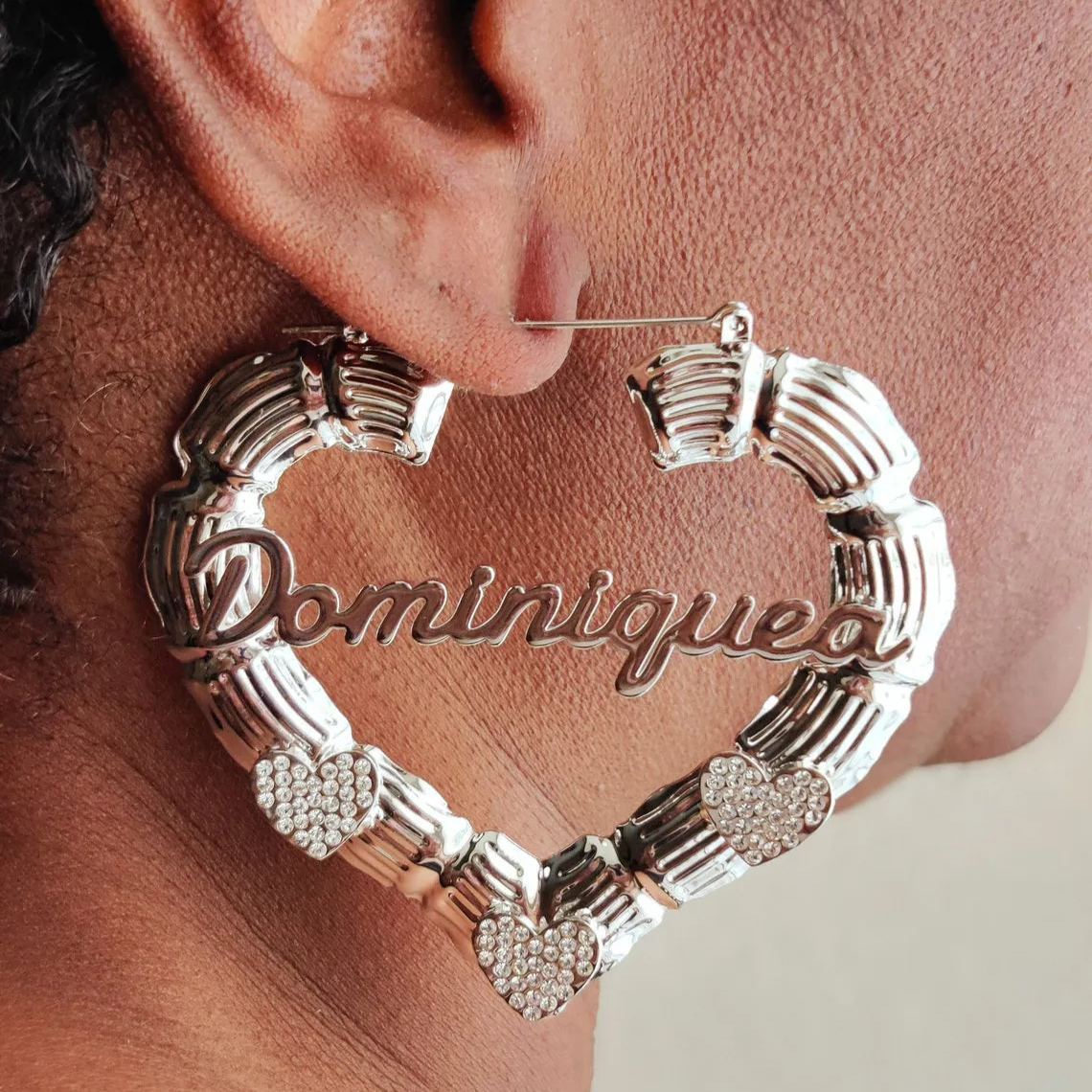 Heart Bamboo Earrings with Zirconia Heart Custom Name Earrings