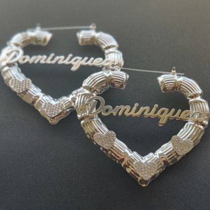 Heart Bamboo Earrings with Zirconia Heart Custom Name Earrings