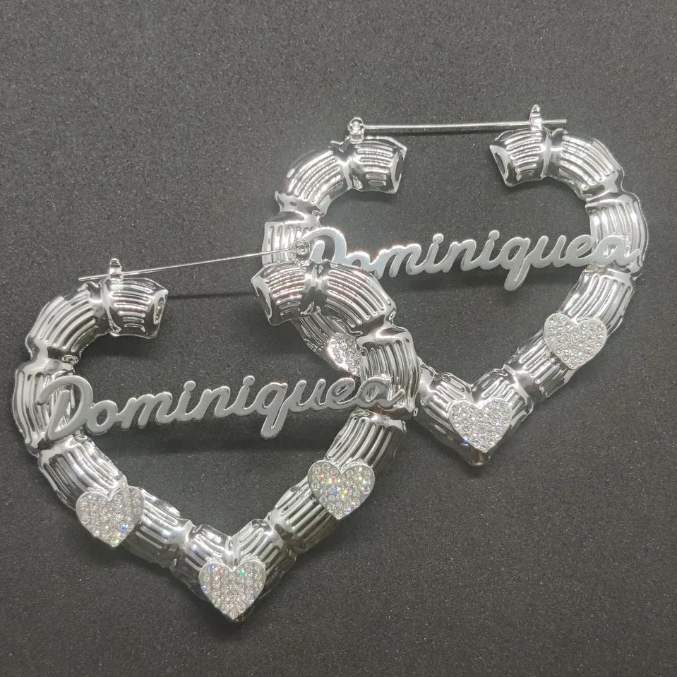 Heart Bamboo Earrings with Zirconia Heart Custom Name Earrings