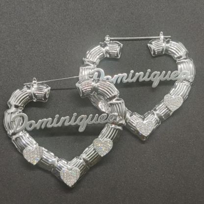 Heart Bamboo Earrings with Zirconia Heart Custom Name Earrings