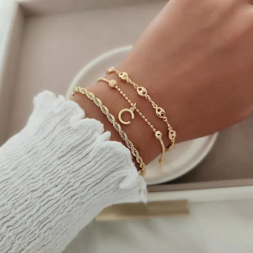 Kids Puffed Mariner Chain Initial Pendant Layered Bracelets Set Rope Chain 3pcs