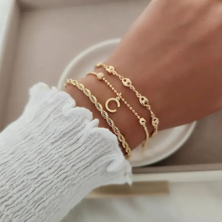 Kids Puffed Mariner Chain Initial Pendant Layered Bracelets Set Rope Chain 3pcs