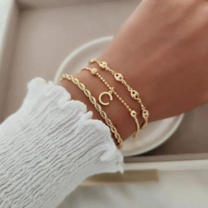 Kids Puffed Mariner Chain Initial Pendant Layered Bracelets Set Rope Chain 3pcs