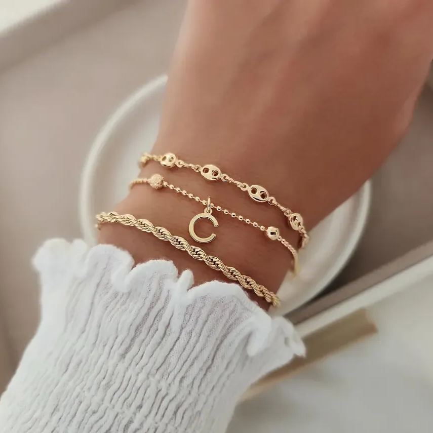 Kids Puffed Mariner Chain Initial Pendant Layered Bracelets Set Rope Chain 3pcs