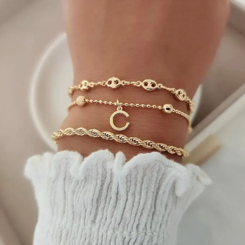 Kids Puffed Mariner Chain Initial Pendant Layered Bracelets Set Rope Chain 3pcs