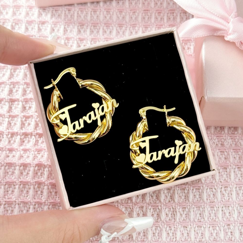 Personalized Custom Gold Plated Nameplate with Hearts Hoop Earrings 30mm Kids Earrings