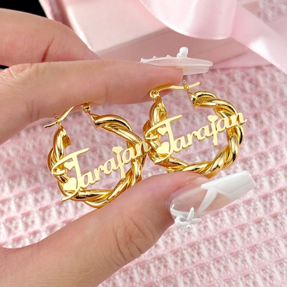 Personalized Custom Gold Plated Nameplate with Hearts Hoop Earrings 30mm Kids Earrings