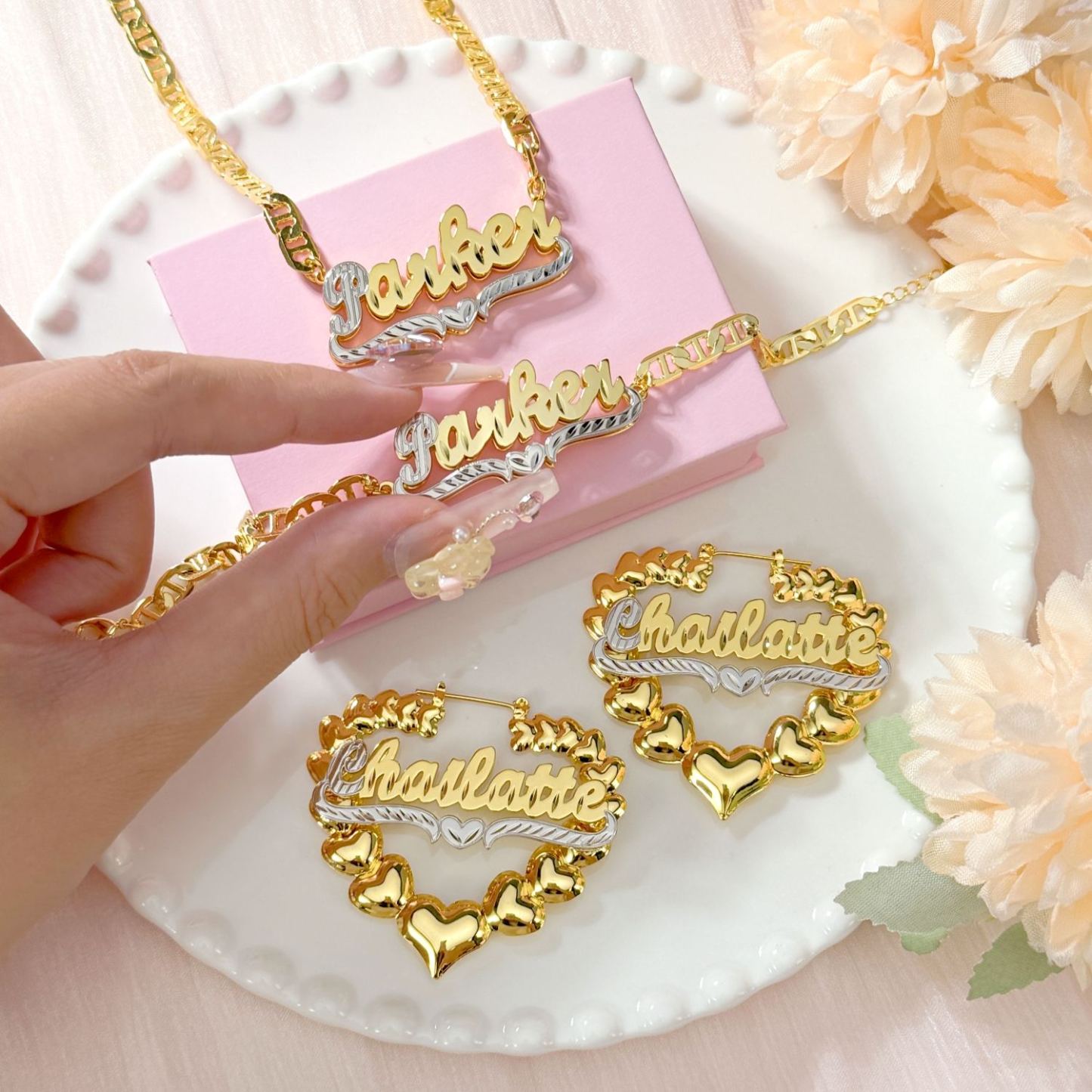 3Pcs Two Tone Heart Nameplate Necklace Bracelet and Heart Hoop Earrings Set
