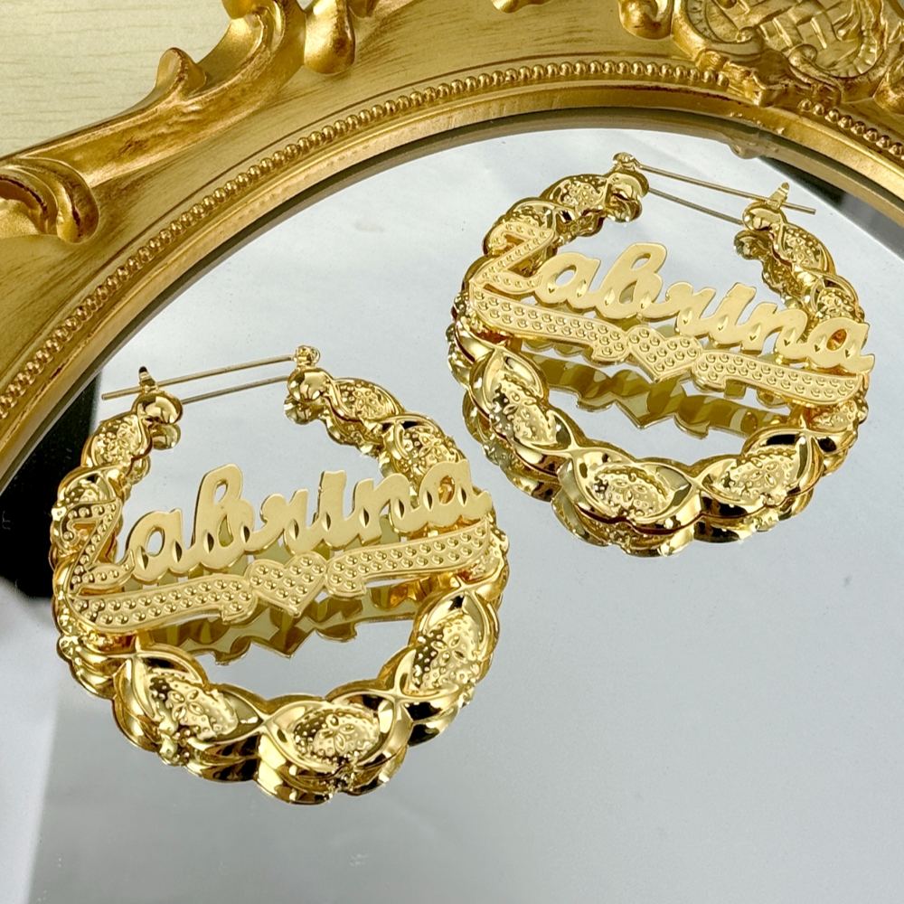 XOXO Bamboo Earrings with Heart Personalized Custom Gold Plated Name Earrings