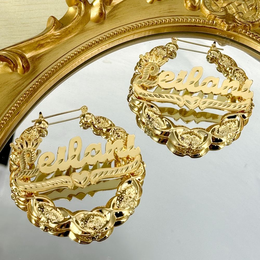 XOXO Bamboo Earrings with Crown Heart Personalized Custom Gold Plated Name Earrings