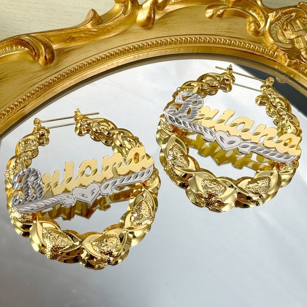 Two Tone XOXO Bamboo Earrings with Heart Personalized Custom Gold Plated Name Earrings