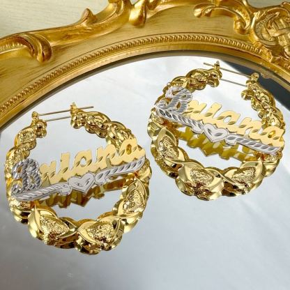 Two Tone XOXO Bamboo Earrings with Heart Personalized Custom Gold Plated Name Earrings