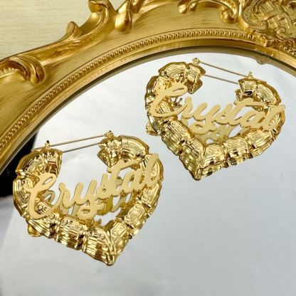 Heart Bamboo Hoop Crown Nameplated Personalized Custom Gold Plated Name Earrings