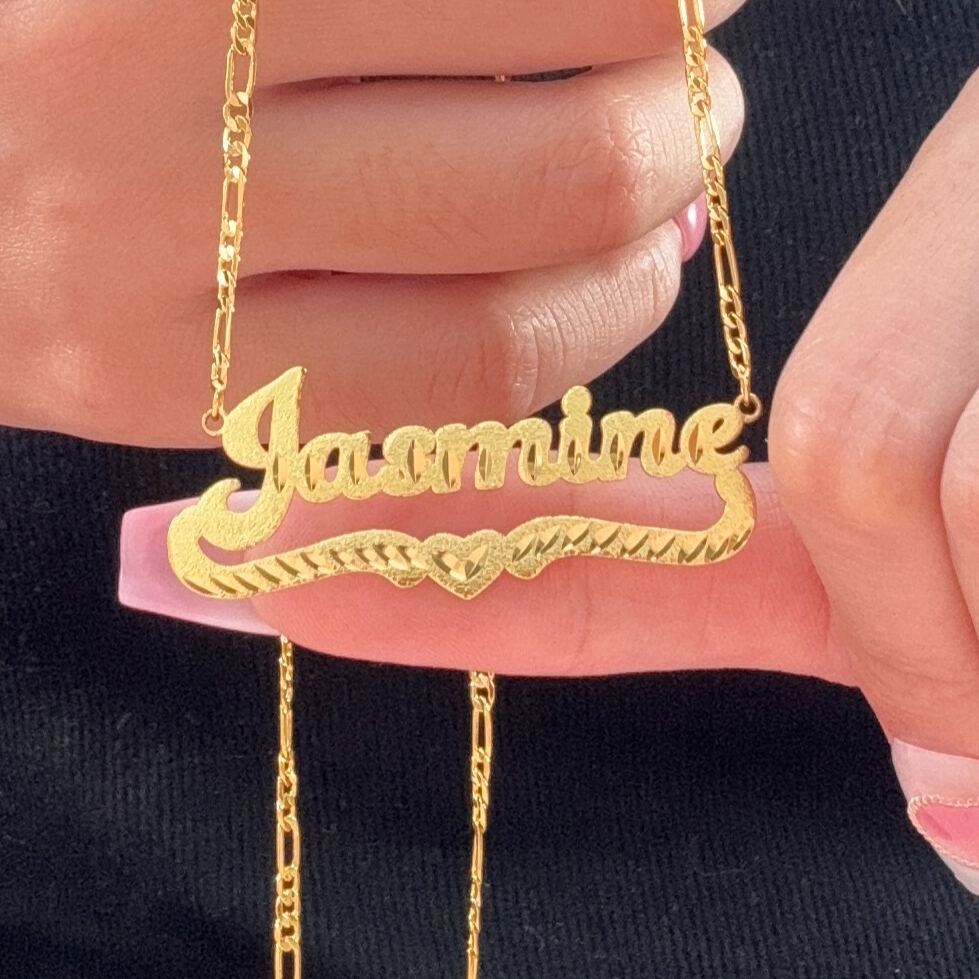 Personalized Custom Gold Plated Diamond Cut 3D Heart Name Necklace