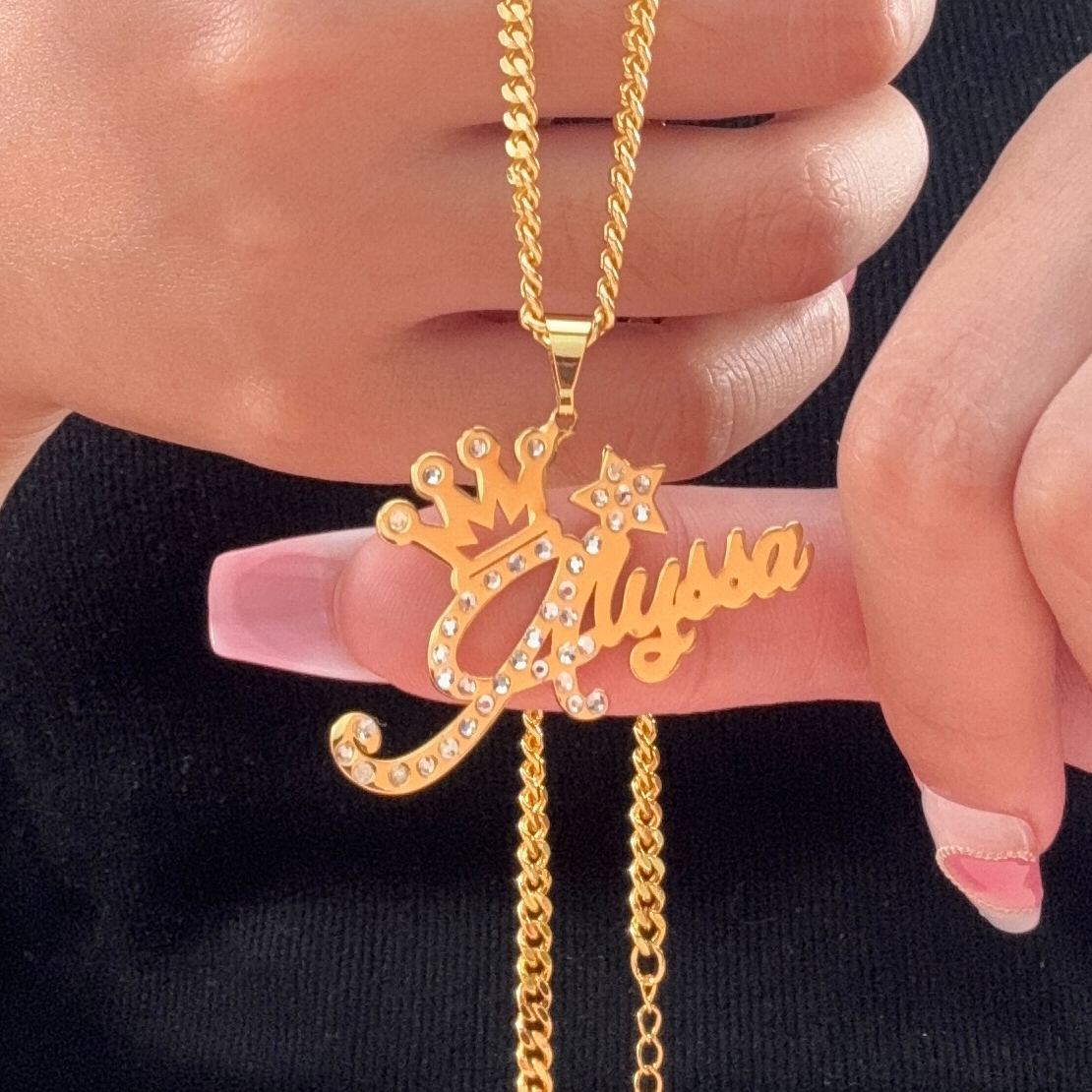 Crown Zircon Nameplate Pendant Cuban Chain Personalized Name Necklace