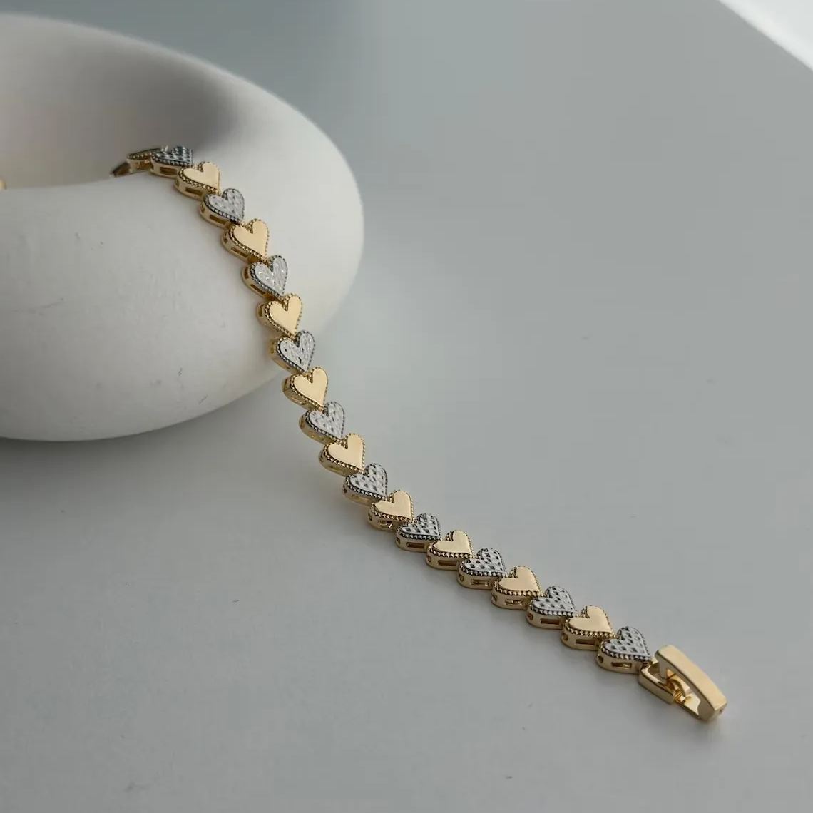 Two Tone 3D Cut Heart Link Bracelet For Women