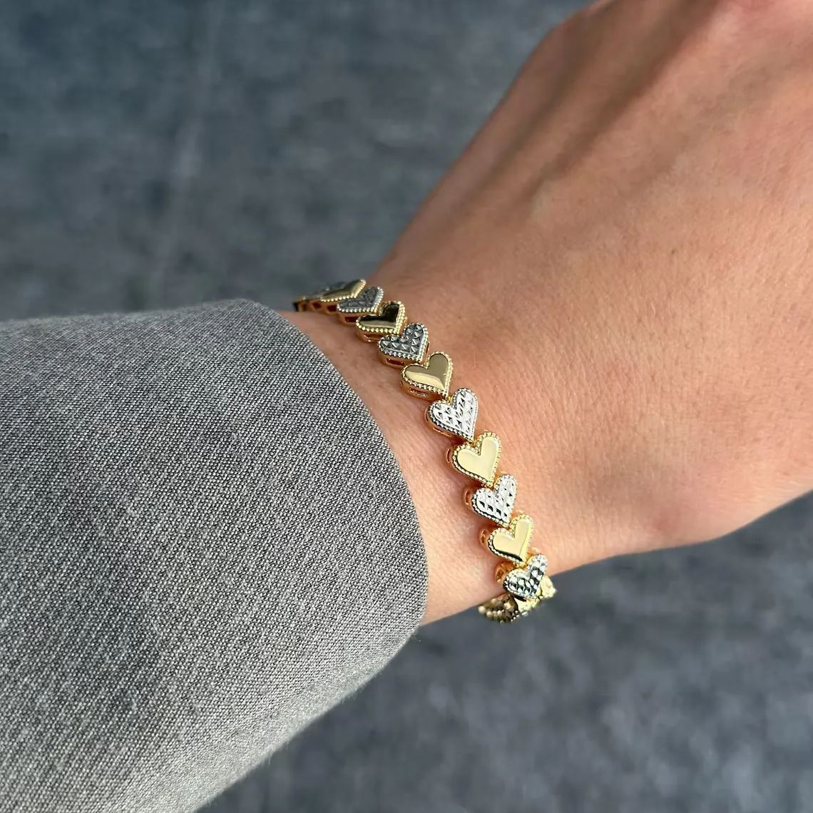 Two Tone 3D Cut Heart Link Bracelet For Women