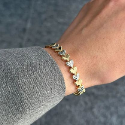 Two Tone 3D Cut Heart Link Bracelet For Women