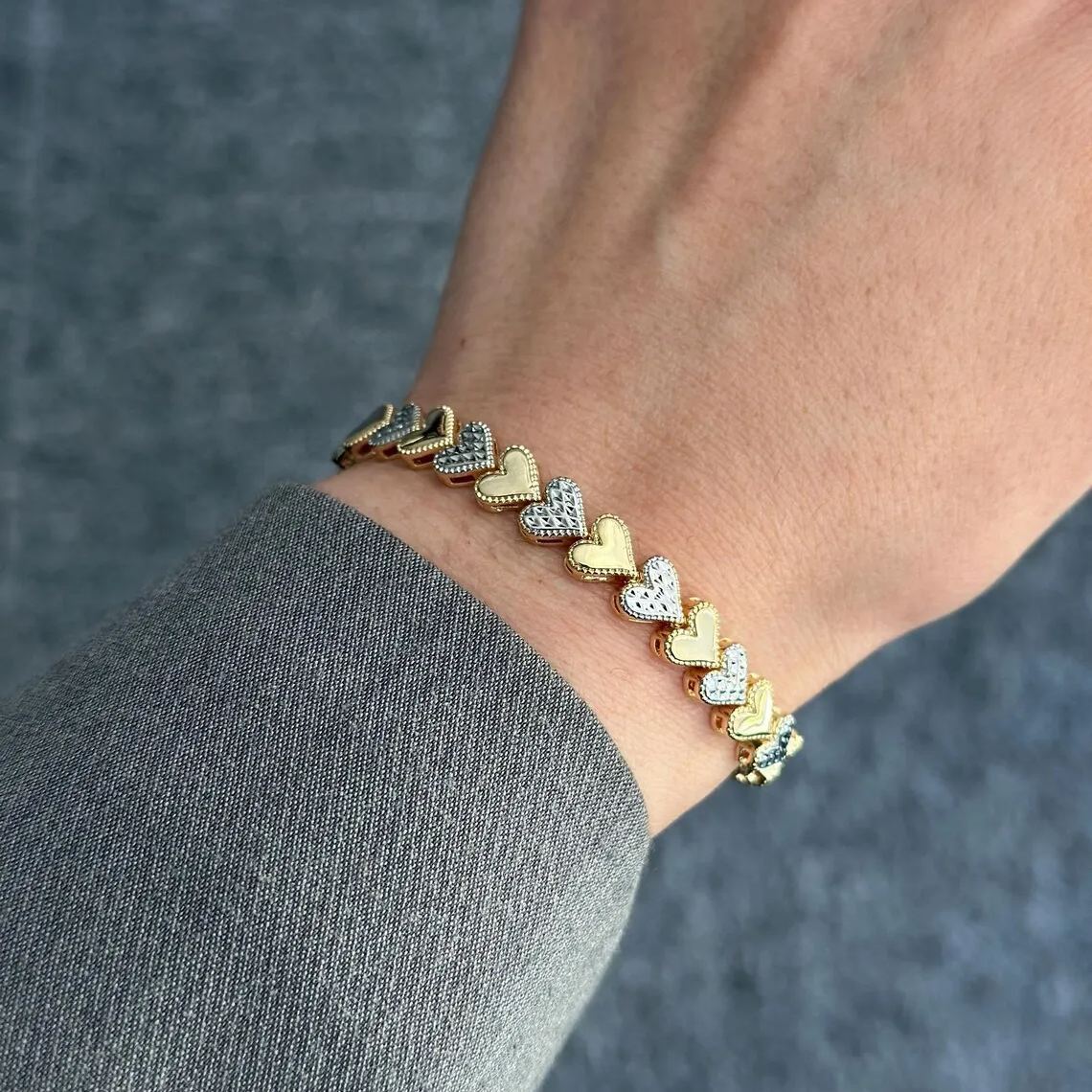 Two Tone 3D Cut Heart Link Bracelet For Women