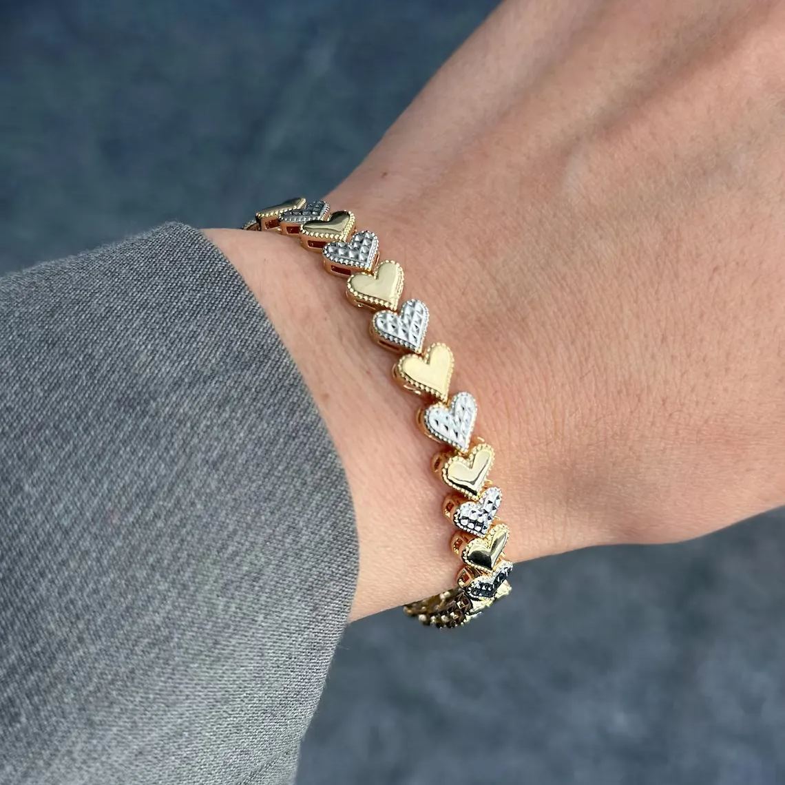 Two Tone 3D Cut Heart Link Bracelet For Women