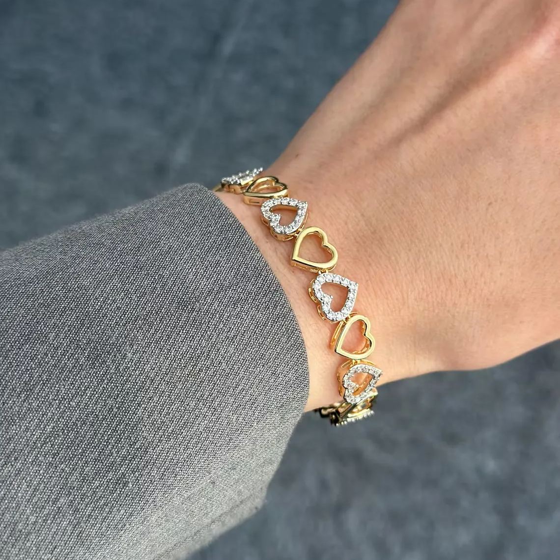Two Tone Zirconia Heart Link Bracelet Dainty Jewelry Gift