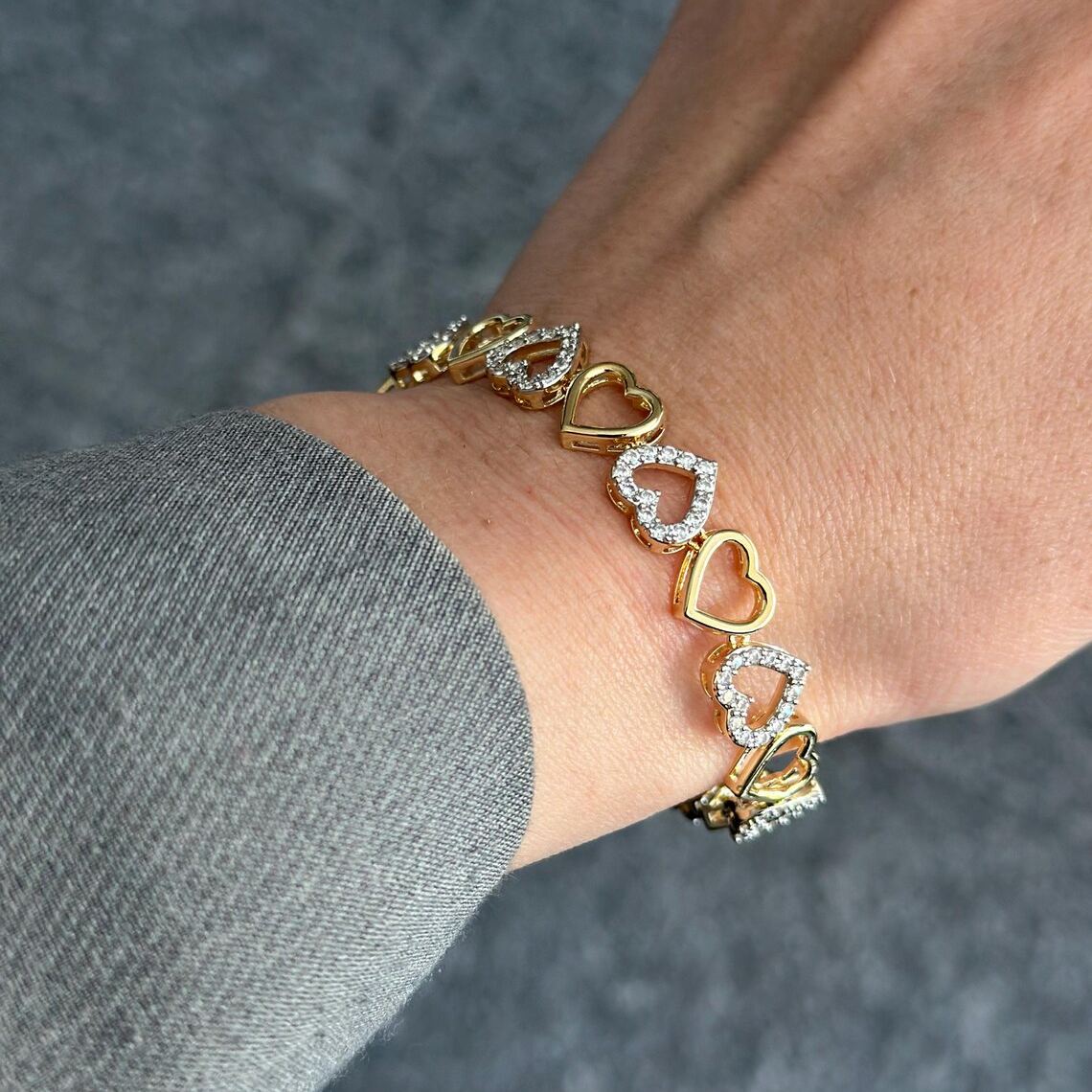 Two Tone Zirconia Heart Link Bracelet Dainty Jewelry Gift