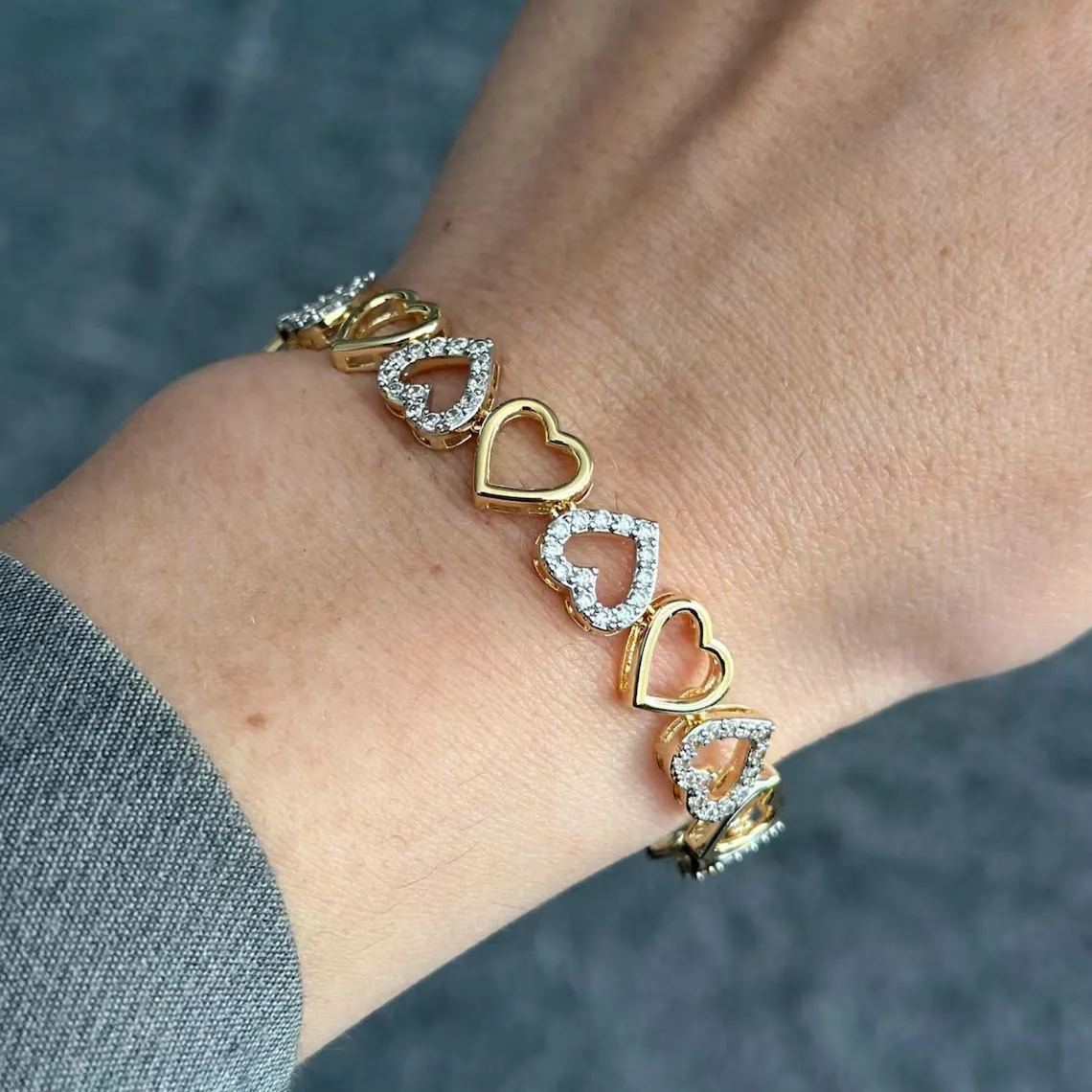 Two Tone Zirconia Heart Link Bracelet Dainty Jewelry Gift