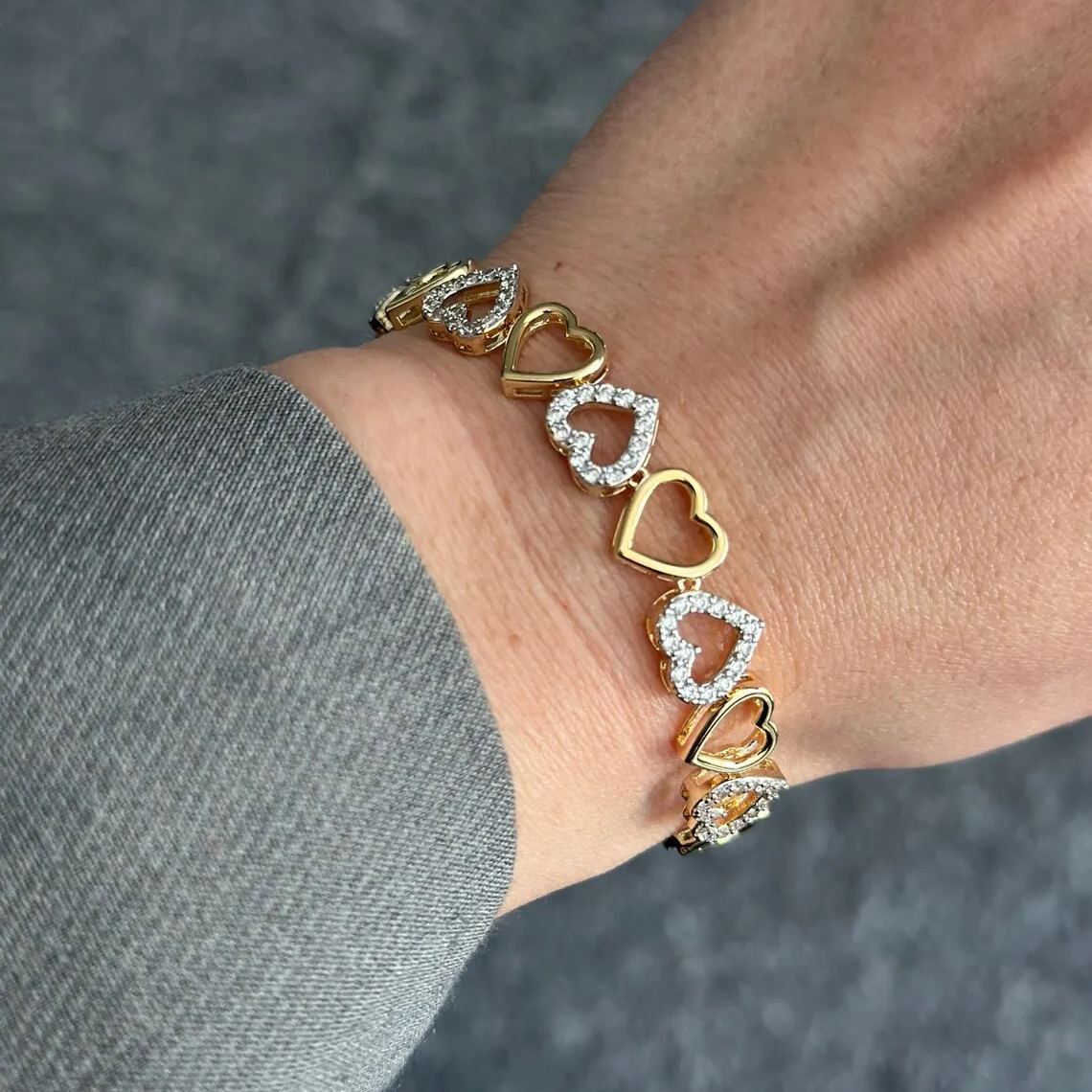 Two Tone Zirconia Heart Link Bracelet Dainty Jewelry Gift