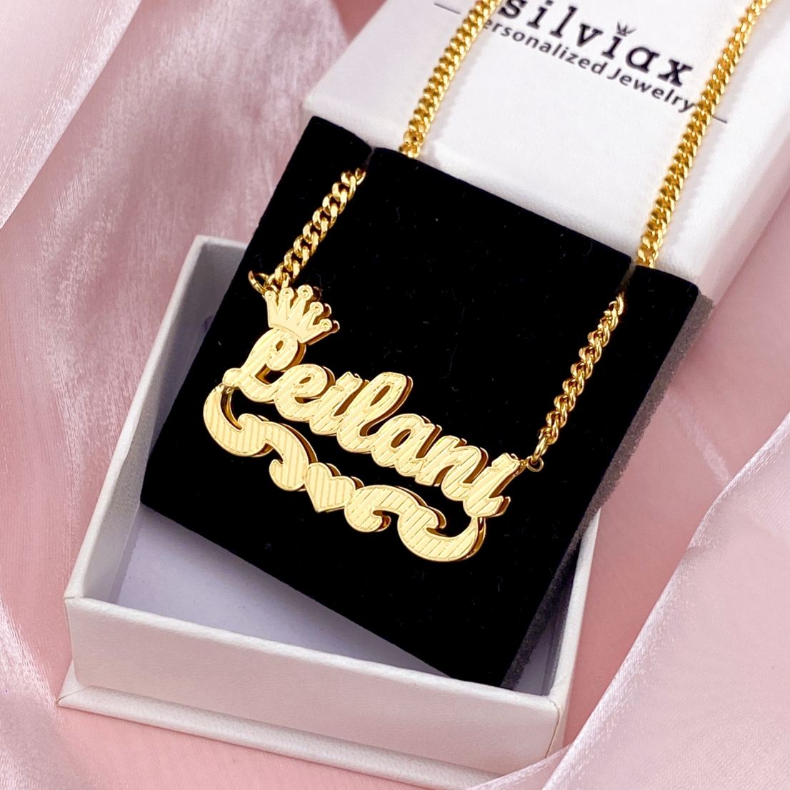 Double Layer Crown Heart Personalized Custom Gold Plated Name Necklace