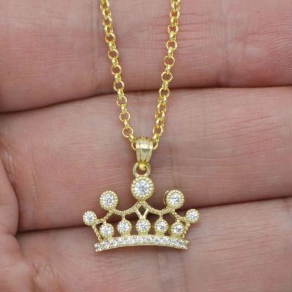 Gold Plated Filigree Fancy Crown Pendant Necklace