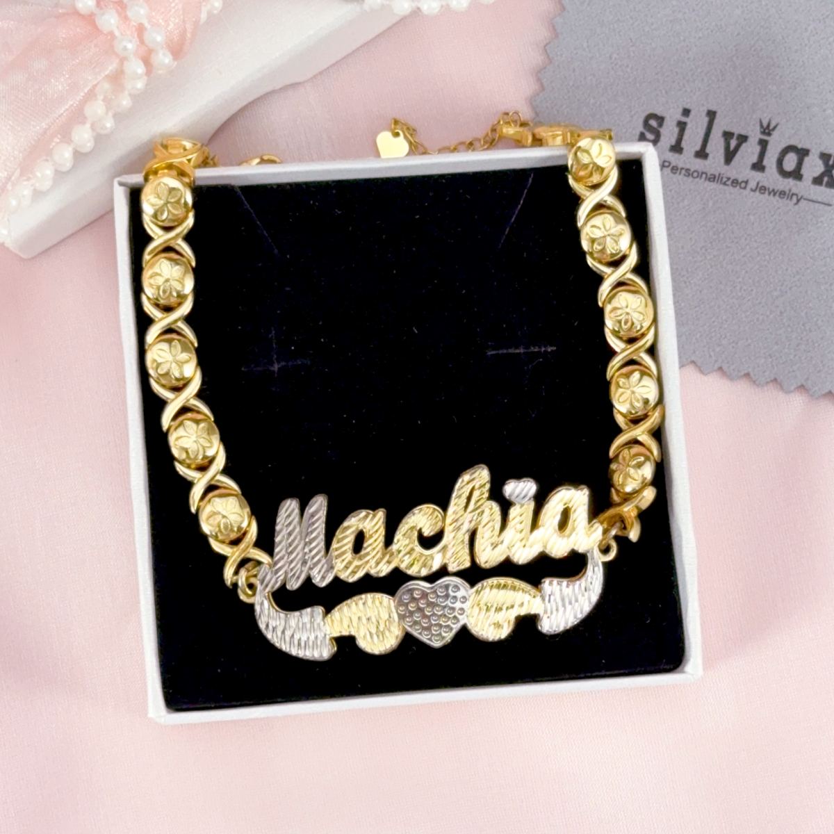 Double Layer Two Tone XOXO Chain with Heart Personalized Custom Gold Plated Name Bracelet