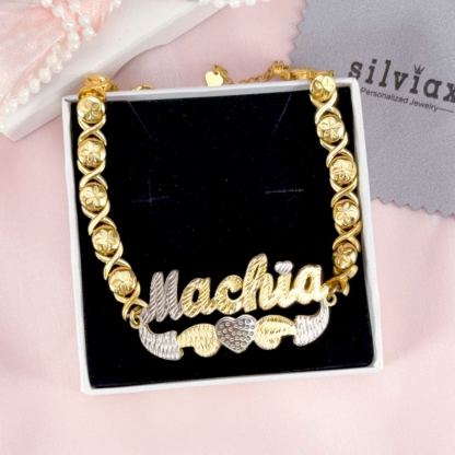 Double Layer Two Tone XOXO Chain with Heart Personalized Custom Gold Plated Name Bracelet